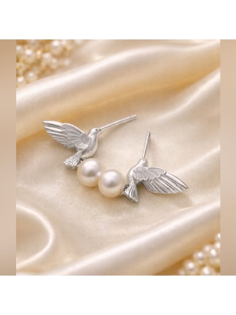 Vintage Hummingbird Pearl Silver Earrings